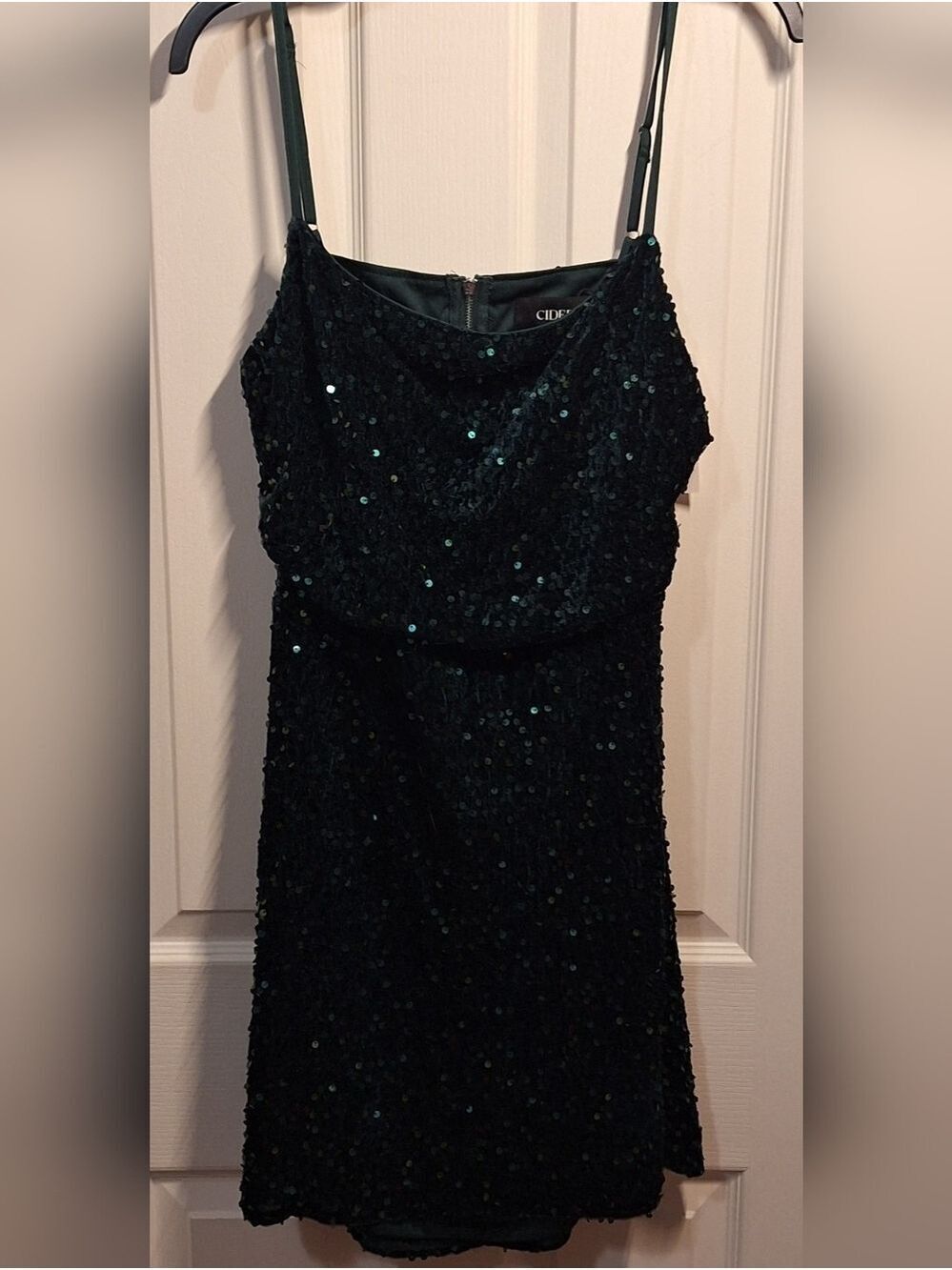 Cider Dark Green Sequin Mini Dress with Spaghetti Straps